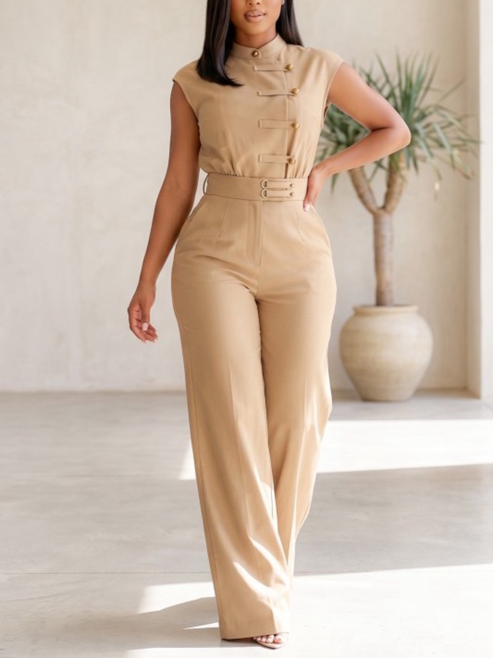 High-Waist Sleeveless Wide-Leg Jumpsuit in Tan A-84284